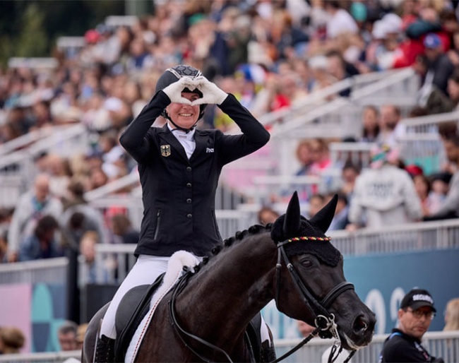 Anna-Lena Niehues (GER) is pictured after competing with Quimbaya NRW in the Individual Freestyle Grade IV at the Paris 2024 Paralympic Games on 7 September 2024 :: Photo © FEI/Liz Gregg