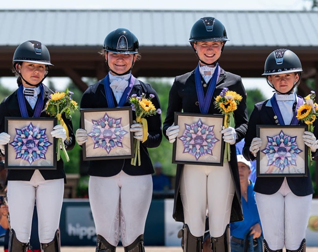 The gold medal winning junior team (ee Dravilas, Madelynn Williams, Autumn Vavrick, and Grace Christianson) at the 2026 NAYC :: Photo © Centre Line Media