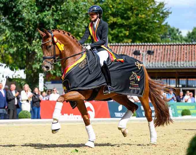 Carola Koppelmann and Viva Weltina win the 5-year old finals at the 2026 Bundeschampionate :: Photo © Equitaris