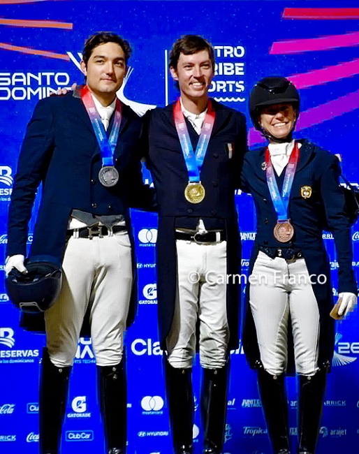 The individual podium Carlos Maldonado Lara, Mauricio Lebrija, and Marianna England at the 2026 Central American and Caribbean Games :: Photo © Carmen Franco