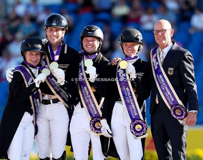 Gold for Germany at the 2026 World Championships Dressage: Werth, Wandres, Netz, Hemmer, and chef d'equipe Klaus Roeser :: Photo © Astrid Appels