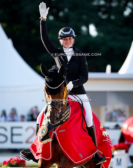 Betina Jaeger and Faustino G win the 6-year old final at the 2026 World Young Horse Championships :: Photo © Astrid Appels