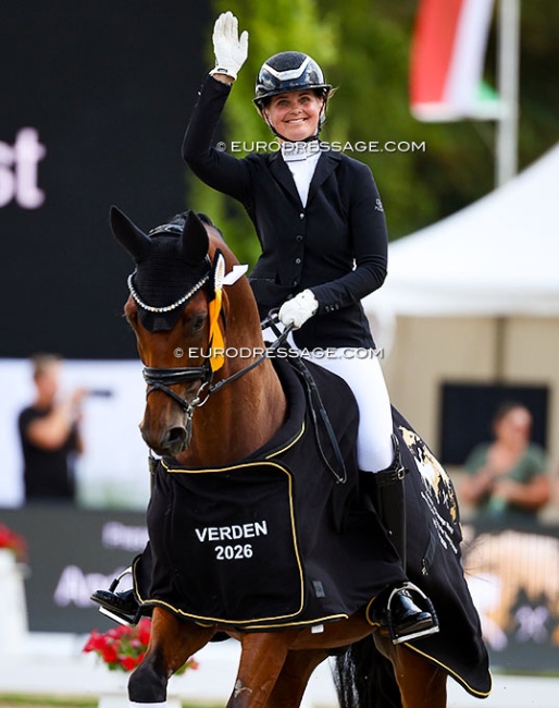 Betina Jaeger and Faustino G win the 6-yo preliminary test at the 2026 World Young Horse Championships :: Photo © Astrid Appels