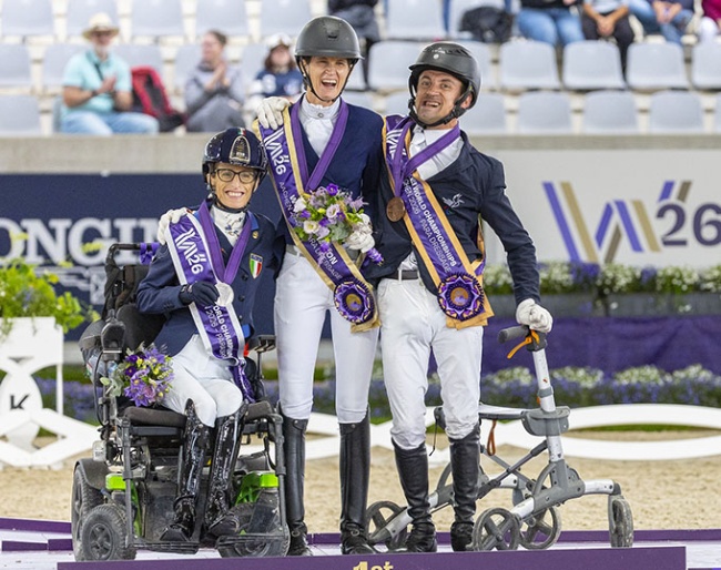 Kur Grade I podium: Morganti, Vonderheyden, Snikus at the 2026 World Para Dressage Championships :: Photo © Digishots