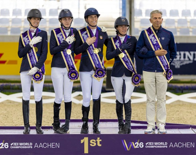 Team USA, FEI Para Dressage Team World champions at Aachen 2026: Vonderheyden, Howard, Shoemaker, Hart and chef d'equipe Michel Assouline :: Photo © FEI / Leanjo de Koster