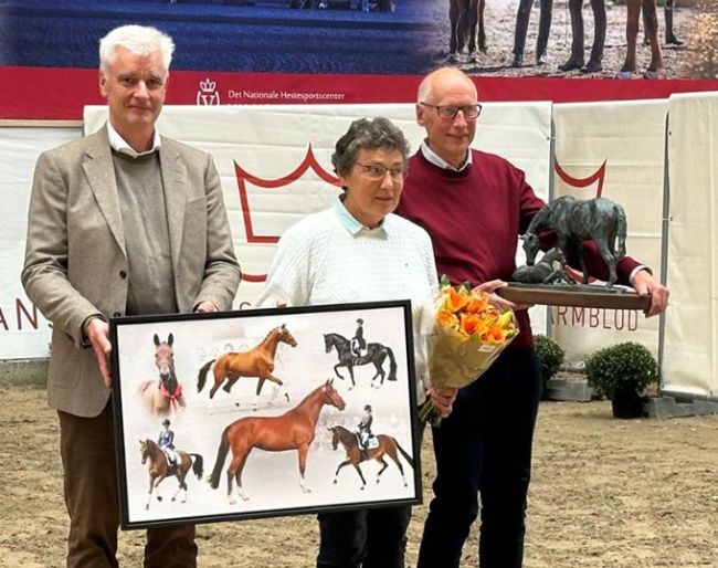 Lene Schmidt Fræhr and Egon Fræhr receive the Matiné statue at the 2026 Danish Warmblood elite mare show :: Photo © Ridehesten
